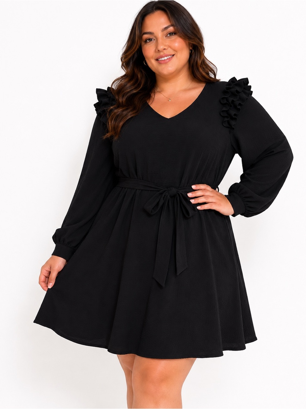 Chic Soul Black Ruffle-Shoulder Tie-Waist Mini Dress